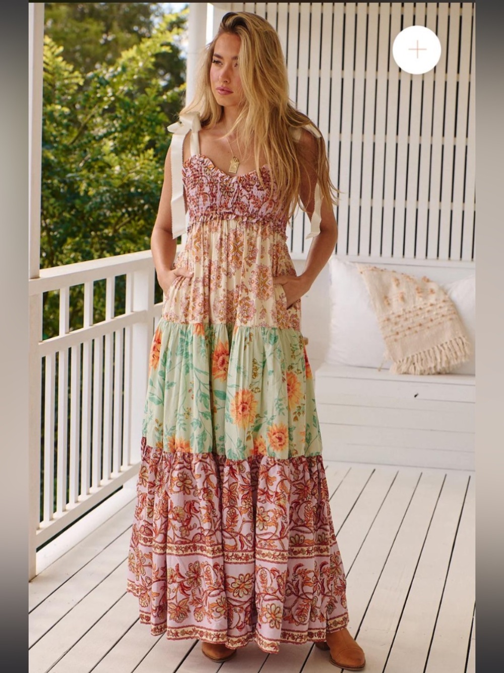Free People Floral Tiered Maxi Dress in Mint, Peach & Rose